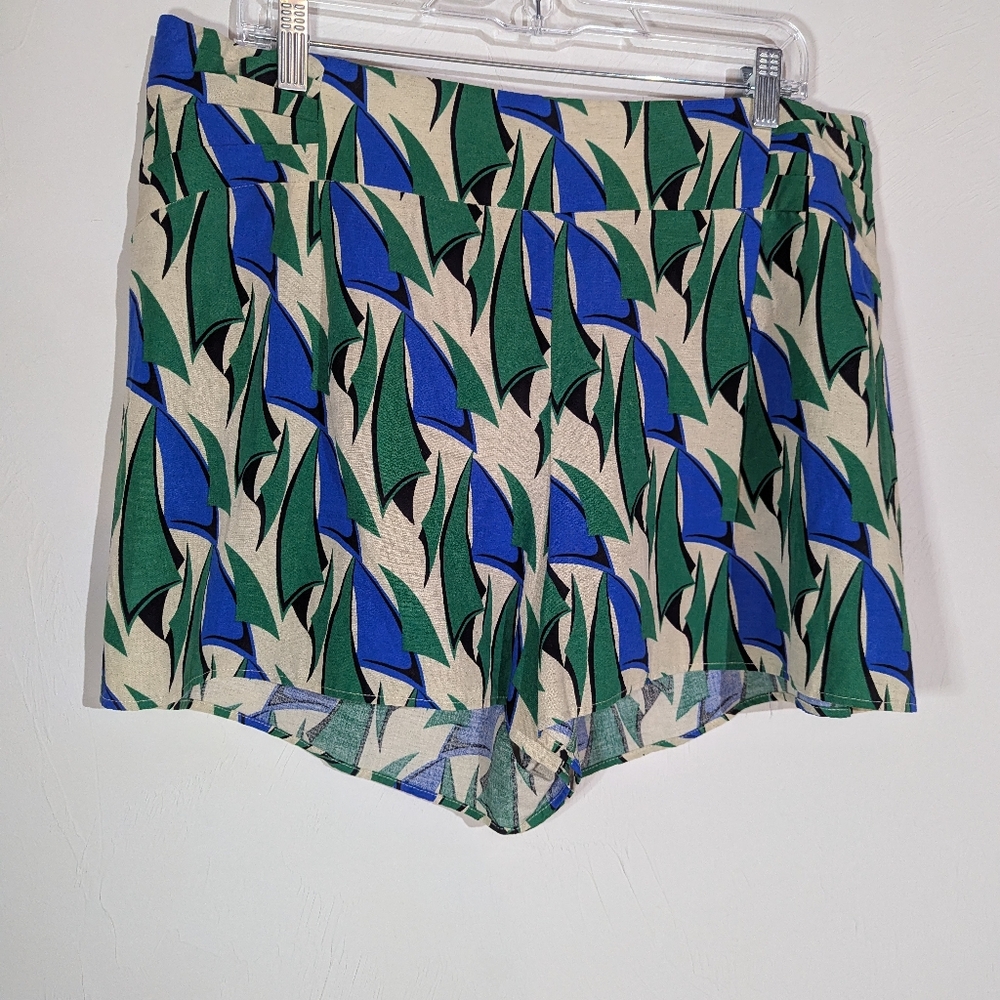 ZARA Regatta Tan Blue Green Printed Zipper Back Linen Blend Shorts Size XXL NWOT - Picture 4 of 14